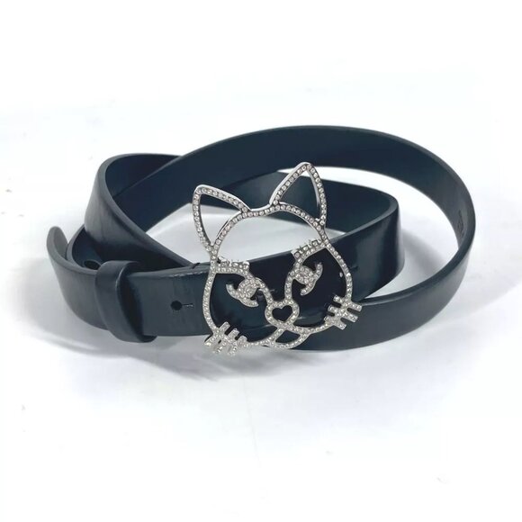 CHANEL 16K Cat cat Belt Accessories Rhinestone Thin Belt Leather Black/Silver - Picture 1 of 14